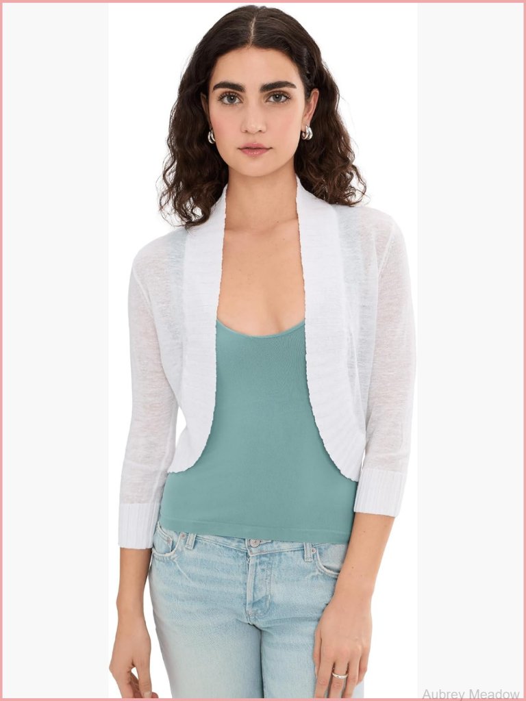 Lightweight Linen Cardigan Sweater 3/4 Sleeve Open Front Bolero